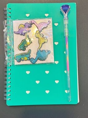 Teal Heart Spiral Notebook with Dinosaur Charms & Gem Pen